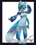  2014 anthro belly_piercing black_border blue_body blue_eyes blue_hair border breasts ear_piercing featureless_breasts featureless_crotch female hair heterochromia mostly_nude piercing rudragon simple_background solo unknown_species white_background yellow_eyes 