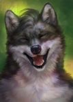  ambiguous_gender anthro black_nose canid canine canis eyes_closed fur hair hi_res mammal open_mouth smile solo wolf wolnir 