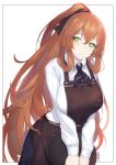  1girl apron blush breasts brown_hair girls_frontline green_eyes hair_between_eyes highres long_hair m1903_springfield_(girls_frontline) neck_ribbon ponytail ribbon shiyashiki smile solo tray very_long_hair 