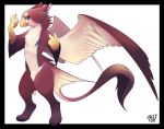  2014 anthro avian beak black_border blue_eyes border chest_tuft feathers fur gryphon looking_at_viewer mythological_avian mythology navel nude rudragon simple_background solo standing tuft white_background 