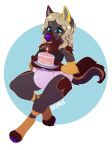  2020 anthro birthday blonde_hair cake candle canid canine clothed clothing curled_hair diaper digital_media_(artwork) female food fur grey_body grey_fur hair mammal open_mouth purple_nose seamen simple_background smile 
