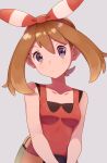  1girl blue_eyes breasts brown_hair closed_mouth haruka_(pokemon) looking_at_viewer pokemon pokemon_(game) pokemon_oras ribbon s_himapanda short_hair simple_background sleeveless solo 