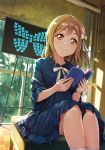  1girl bangs blue_butterfly blue_dress book booklet bookmark bow branch bug butterfly chair dress eyebrows_visible_through_hair hair_bow highres holding holding_book indoors insect kunikida_hanamaru light_brown_hair long_hair looking_at_viewer love_live! love_live!_sunshine!! picture_frame shamakho short_sleeves signature sitting smile solo sunlight sunset tree white_bow white_legwear window yellow_butterfly yellow_eyes 