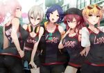  5girls :p ;o arm_behind_back arm_up armpits ass bangs basketball_jersey black_eyes black_headwear black_jacket black_legwear black_shorts blonde_hair blue_eyes blue_hair blush bracelet breasts bubble_blowing building character_name chewing_gum cleavage collarbone denim earrings eyebrows_visible_through_hair eyewear_on_head finger_to_mouth green_eyes grey_hair group_name hair_between_eyes hair_over_shoulder hand_on_hip hands_in_pockets hat hayami_kanade headphones highres ichinose_shiki idolmaster idolmaster_cinderella_girls jacket jeans jewelry jougasaki_mika leggings lipps_(idolmaster) long_hair looking_at_viewer looking_back medium_breasts miyamoto_frederica multiple_girls nail_polish navel necklace one_eye_closed open_clothes open_jacket open_mouth outdoors pants pink_hair ponytail red_hair ryuu. shiomi_shuuko shirt short_hair short_sleeves shorts sidelocks sleeveless smug sunglasses sunlight tied_jersey tongue tongue_out upper_teeth uwu white_shirt yellow_eyes 