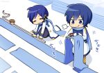  2boys blue_eyes blue_hair blue_pants blue_scarf brown_pants chibi closed_eyes coat commentary cutting fabric holding holding_scarf holding_scissors ice_cream_cup kaito kaito_(vocaloid3) kneeling male_focus multiple_boys nokuhashi pants scarf scissors smile standing tape_measure tongue tongue_out visible_air vocaloid white_coat 