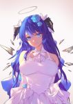  1girl arknights blue_eyes blue_hair breasts closed_mouth dress elbow_gloves flower gloves gradient gradient_background hair_flower hair_ornament halo highres horns large_breasts long_hair mostima_(arknights) simple_background smile solo wedding_dress weibo_username white_dress white_gloves yumero 