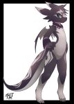  2014 anthro black_body black_border blue_eyes border cheek_tuft dipstick_ears dragon facial_tuft featureless_crotch grey_body head_tuft multicolored_ears rudragon simple_background solo standing tuft white_background 