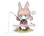  1girl animal_ears bangs black_footwear black_sailor_collar black_shirt blue_eyes blush_stickers brown_hair brown_jacket bug bunny_ears butterfly chibi closed_mouth commission eighth_note eyebrows_visible_through_hair fishing fishing_line fishing_rod flower full_body heart holding holding_fishing_rod insect jacket moffle_(ayabi) musical_note original pink_flower purple_flower ripples sailor_collar shirt shoes sidelocks sitting smile solo spoken_musical_note twintails water white_background 
