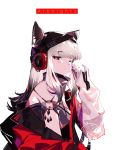  1girl animal_ears arknights bare_shoulders black_hair blush breasts copyright_name finn_zoey frostleaf_(arknights) gradient_hair grey_hair hat headphones highres jacket long_hair looking_at_viewer multicolored_hair one_eye_closed red_eyes red_nails solo two_side_up 