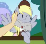  5_fingers badumsquish blonde_hair clothing derpy_hooves_(mlp) disembodied_hand equid equine eyes_closed female feral fingers friendship_is_magic hair human letter mammal my_little_pony petting pterippus wings 