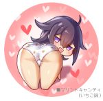  1girl ass bent_over blush chibi food_print genderswap heart lowres naughty_face original panties presenting print_panties purple_eyes purple_hair smile solo strawberry_panties strawberry_print underwear white_background yamaarashi 