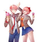  1boy 1girl ;d aqua_nails arm_up artist_name bangs blue_eyes blue_pants blue_skirt bow cherry commentary commission cowboy_shot doki_doki_literature_club eyebrows_visible_through_hair food fruit genderswap genderswap_(ftm) grey_jacket grin hair_between_eyes hair_bow hand_up ice_cream ice_cream_cone jacket long_sleeves looking_at_viewer necktie one_eye_closed open_clothes open_jacket open_mouth pants pink_hair pleated_skirt potetos7 red_bow red_neckwear sayori_(doki_doki_literature_club) school_uniform shirt short_hair simple_background skirt smile symbol_commentary tongue tongue_out v watermark white_background white_shirt wing_collar 