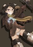  1girl :q absurdres aohashi_ame ass_visible_through_thighs aura bandaid bandaid_on_face bangs black_eyes black_hair blurry blurry_background brave_witches brown_gloves brown_jacket clenched_hand closed_mouth commentary crotch_seam depth_of_field floating fringe_trim gloves glowing grey_panties grey_shirt gun highres jacket kanno_naoe looking_at_viewer machine_gun military military_uniform open_clothes open_jacket panties scarf shadow shirt short_hair smile solo standing striker_unit swept_bangs throwing tongue tongue_out underwear uniform v-shaped_eyebrows weapon weapon_request world_witches_series yellow_scarf 