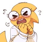  alphys anthro blush buckteeth clothed clothing coat cocothemunchkin embarrassed eyes_closed eyewear female flustered front_view frown fully_clothed glasses lab_coat open_mouth reptile scales scalie solo teeth thick_tail topwear undertale video_games yellow_body yellow_scales 