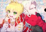  1boy 1girl :d ahoge aran_sweater bangs black_gloves black_jacket blonde_hair blue_eyes braid breath earrings eyebrows_visible_through_hair facial_hair fate/apocrypha fate/extra fate_(series) fingerless_gloves forehead gloves green_eyes hair_between_eyes hair_bun hair_intakes hands_up highres jacket jewelry koshiro_itsuki light_brown_hair long_sleeves mustache nail_polish nero_claudius_(fate) nero_claudius_(fate)_(all) open_mouth parted_bangs red_nails red_scarf ribbed_sweater round_teeth scarf sidelocks smile sparkle sweater teeth upper_body upper_teeth vlad_iii_(fate/apocrypha) white_gloves white_sweater 