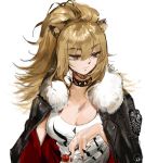  1girl absurdres animal_ear_fluff animal_ears arknights breasts brown_eyes brown_hair candy cleavage collar eyebrows_visible_through_hair finn_zoey food fur_trim hair_between_eyes highres jacket lion_ears lollipop long_hair ponytail red_nails siege_(arknights) simple_background solo spiked_collar spikes white_background 