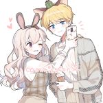  1boy 1girl animal_ears bangs black_hairband blonde_hair blue_eyes blush_stickers brown_hair brown_vest bunny_ears carrot_hair_ornament cellphone closed_mouth collared_shirt commission dress_shirt eyebrows_visible_through_hair fake_animal_ears food food_themed_hair_ornament grey_jacket hair_ornament hairband hand_on_another&#039;s_shoulder heart holding holding_cellphone holding_food holding_phone ice_cream ice_cream_cone jacket long_hair long_sleeves moffle_(ayabi) one_eye_closed open_clothes open_jacket original parted_lips phone shirt simple_background smile soft_serve taking_picture very_long_hair vest white_background white_shirt 