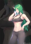  1girl arknights black_bra bra breasts cleavage contrapposto cowboy_shot green_hair highres horn hoshiguma_(arknights) large_breasts long_hair midriff navel parted_lips profile solo sports_bra sweat towel underboob underwear weibo_username yellow_eyes yumero zoom_layer 