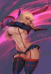  1girl absurdres artist_name blonde_hair blue_legwear breasts commission cosplay cutesexyrobutts elbow_gloves garter_straps gloves highres huge_filesize kill_la_kill large_breasts long_hair matoi_ryuuko matoi_ryuuko_(cosplay) midriff navel open_mouth original paid_reward patreon_reward pink_eyes scissor_blade signature skindentation skirt solo suspenders tan tanline thighhighs 