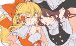  2girls apron bangs blonde_hair blush bow brown_hair cosplay costume_switch detached_sleeves dress eyebrows_visible_through_hair frilled_bow frills grin hair_bow hair_tubes hakurei_reimu hakurei_reimu_(cosplay) hat index_finger_raised kirisame_marisa kirisame_marisa_(cosplay) long_hair multiple_girls one_eye_closed open_mouth poprication red_bow ribbon-trimmed_sleeves ribbon_trim simple_background smile touhou waist_apron white_apron witch_hat 