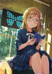  1girl bangs blue_butterfly blue_dress book booklet bookmark bow branch bug butterfly chair dress eyebrows_visible_through_hair glasses hair_bow highres holding holding_book indoors insect kunikida_hanamaru light_brown_hair long_hair looking_at_viewer love_live! love_live!_sunshine!! picture_frame shamakho short_sleeves signature sitting smile solo sunlight sunset tree white_bow white_legwear window yellow_butterfly yellow_eyes 