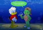  anatid anseriform avian bird clothing dialogue duck duo hat headgear headwear hi_res joaoppereiraus reptile scalie turtle underwater water 