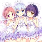  3girls :d animal_ears azumi_kazuki bare_arms bare_shoulders blue_eyes blue_hair blush bow breasts brown_eyes brown_hair bunny_ears chimame-tai collarbone commentary_request constellation_print detached_sleeves dress fake_animal_ears frills girl_sandwich gochuumon_wa_usagi_desu_ka? hair_bow hair_ornament hairband hand_up hands_up heart jouga_maya kafuu_chino long_hair low_twintails multiple_girls natsu_megumi open_mouth parted_lips pleated_dress puffy_short_sleeves puffy_sleeves purple_hair ribbon sandwiched short_sleeves sleeveless sleeveless_dress small_breasts smile star striped striped_bow twintails unmoving_pattern very_long_hair white_bow white_dress white_hairband white_ribbon white_sleeves x_hair_ornament 