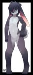  2014 absurd_res anthro black_body black_border black_fur black_nose blue_eyes border ears_down featureless_crotch fur grey_body grey_fur hair hair_over_eye hi_res lagomorph leporid long_ears male mammal navel nude one_eye_obstructed pivoted_ears rabbit rudragon simple_background solo standing white_background 