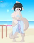  anthro barefoot beach big_breasts bikini black_hair breasts clothed clothing dashboom dessert eyewear female fish food glasses hair hi_res marine michelle_(dashboom) non-mammal_breasts sand seaside shark solo swimwear water 