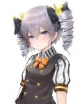  1girl bangs black_bow black_vest blush bow breasts bronya_zaychik bunny_hair_ornament closed_mouth collared_shirt commentary dokomon drill_hair english_commentary eyebrows_visible_through_hair grey_hair hair_between_eyes hair_bow hair_ornament highres honkai_(series) honkai_impact_3rd orange_bow polka_dot polka_dot_bow puffy_short_sleeves puffy_sleeves purple_eyes shirt short_sleeves simple_background small_breasts solo striped striped_shirt twin_drills twintails upper_body vertical-striped_shirt vertical_stripes vest white_background white_shirt 