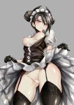  agent_(girls_frontline) ass_visible_through_thighs bar_censor black_hair black_legwear blush censored embarrassed from_below garter_belt garter_straps girls_frontline gloves hair_bun kaorihero maid nipples no_bra open_clothes pale_skin puffy_sleeves pussy skindentation skirt skirt_lift thighhighs 