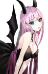  1girl bare_shoulders bent_over black_dress blue_eyes blurry breasts brooch choker cleavage demon_girl demon_horns demon_wings dress fang horns jewelry large_breasts long_hair looking_at_viewer naru_(ul) open_mouth original pink_hair sidelocks simple_background sleeveless sleeveless_dress solo strapless strapless_dress very_long_hair white_background wings 
