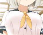  1girl :o blue_sailor_collar blurry blurry_background breast_focus breasts engiyoshi hamakaze_(kantai_collection) head_out_of_frame kantai_collection large_breasts open_mouth out_of_frame sailor_collar school_uniform serafuku short_hair short_sleeves silver_hair solo yellow_neckwear 