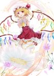  1girl ascot bangs blonde_hair bow collared_shirt cosmos_(flower) crystal fang flandre_scarlet flower frilled_shirt frilled_shirt_collar frilled_skirt frilled_sleeves frills full_body happiness_lilys hat hat_ribbon highres looking_at_viewer medium_hair mob_cap one_side_up puffy_short_sleeves puffy_sleeves purple_flower red_bow red_eyes red_footwear red_ribbon red_skirt red_vest ribbon shirt short_hair short_sleeves side_ponytail skirt skirt_set solo touhou transparent vest white_flower white_legwear white_shirt wings wrist_cuffs yellow_neckwear 