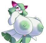  big_breasts blush bottomwear breasts clothing dorian-bc fangs female green_nipples hair hair_over_eye hand_on_breast huge_breasts hyper hyper_breasts kirlia nintendo nipples one_eye_obstructed panties pok&eacute;mon pok&eacute;mon_(species) skirt smile smug solo thick_thighs underwear video_games wide_hips 