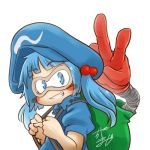  1girl avatar_icon backpack bag bangs blue_eyes blue_hair blush_stickers chamaji commentary eyebrows_visible_through_hair frilled_shirt_collar frills goggles hair_bobbles hair_ornament hat kappa kawashiro_nitori looking_at_viewer lowres mechanical_arm medium_hair puffy_short_sleeves puffy_sleeves short_sleeves short_twintails sidelocks signature smile solo touhou twintails two_side_up upper_body v white_background 