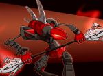  2020 bionicle digital_drawing_(artwork) digital_media_(artwork) holding_object holding_weapon humanoid lego machine melee_weapon not_furry polearm rahkshi red_body red_eyes robot rusty_box simple_background solo solo_focus spear spikes standing weapon 
