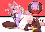  anthro blue_eyes blush bodily_fluids bottomless brown_body brown_fur butt butt_blush canid canine clothed clothing crop_top eeveelution female female/female fingering fur genital_fluids genitals hair hashu lagomorph leporid long_ears lucina_(hashu) mammal moan nintendo open_mouth pink_hair pok&eacute;mon pok&eacute;mon_(species) pussy pussy_juice queenie_(hashu) rabbit shirt side_panel small_tail smug sylveon tan_body tan_fur topwear two_fingers_in_pussy umbreon video_games wet 