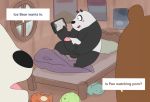  2020 anthro balls bed black_body black_fur blush brown_body brown_fur bunnybara cartoon_network english_text fur furniture genitals giant_panda grizzly_(wbb) group hi_res ice_bear male mammal masturbation panda_(wbb) penis phone sitting text ursid we_bare_bears white_body white_fur 