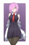  1girl absurdres arindyudha bare_shoulders black_dress black_legwear blush breasts commentary_request dress eyebrows_visible_through_hair fate/grand_order fate_(series) glasses hair_over_one_eye highres jacket large_breasts lavender_hair looking_at_viewer mash_kyrielight necktie off-shoulder_jacket open_mouth pantyhose purple_eyes purple_hair short_hair simple_background smile solo 