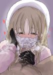  1girl black_gloves blonde_hair blush cum cum_on_body cum_on_clothes cum_on_upper_body fellatio fellatio_gesture fellatio_under_mask gloves handjob hat heart highres long_hair mask mouth_mask oral original pov pubic_hair surgical_mask winter_clothes yellow_eyes yomei3week 