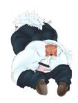  backsack balls blush butt censored clothed clothing emoji erection felid fur genitals hair irura0323 lion looking_back male mammal mane mane_hair pantherine pants_down partially_clothed penis snow_(tas) tokyo_afterschool_summoners undressing video_games white_body white_fur 