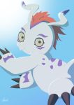  absurd_res ambiguous_gender black_claws blue_background claws cute_fangs digimon digimon_(species) fangs feral gomamon hair hi_res looking_at_viewer mammal marine markings pinniped red_hair seal simple_background smile solo white_body yellow_eyes あんこそば 