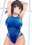  1girl armpits arms_up bare_shoulders black_hair blue_swimsuit breasts cccpo collarbone commentary_request competition_swimsuit cowboy_shot groin highres large_breasts long_hair looking_at_viewer one-piece_swimsuit original ponytail purple_eyes smile solo standing swimsuit thighs 