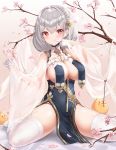  1girl absurdres azur_lane between_breasts bird black_dress braid breast_curtains breasts cherry_blossoms chick china_dress chinese_clothes cleavage commentary_request dress finger_to_mouth french_braid garter_straps hair_ornament highres large_breasts looking_at_viewer manjuu_(azur_lane) pelvic_curtain red_eyes shoes short_hair silver_hair sirius_(azur_lane) sirius_(azure_horizons)_(azur_lane) sitting sleeveless sleeveless_dress solo thighhighs thighs tree_branch wakum wariza white_footwear white_legwear 