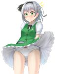  1girl black_neckwear black_ribbon blush buttons cowboy_shot floating_hair frilled_skirt frills green_eyes green_skirt green_vest highres konpaku_youmu kubure panties pantyshot pantyshot_(sitting) red_ribbon ribbon shirt short_sleeves sitting skirt solo surprised touhou underwear vest white_background white_panties white_shirt wind wind_lift wing_collar 