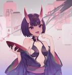  1girl absurdres alcohol bangs bob_cut breasts cup eyeliner fangs fate/grand_order fate_(series) headpiece highres horns japanese_clothes kimono long_sleeves looking_at_viewer makeup oni oni_horns open_mouth purple_eyes purple_hair purple_kimono revealing_clothes sakazuki sake short_eyebrows short_hair shuten_douji_(fate/grand_order) skin-covered_horns slit_pupils small_breasts smile solo yayako_(804907150) 