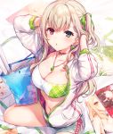  1girl arms_up bag bandeau blonde_hair breasts choker cleavage collarbone earrings green_eyes grey_shorts hair_ribbon heterochromia jacket jewelry komeshiro_kasu long_hair long_sleeves looking_at_viewer magazine medium_breasts midriff navel necklace one_side_up open_clothes open_jacket original parted_lips partially_unzipped red_eyes ribbon short_shorts shorts shoulder_bag sitting solo thighs white_jacket 