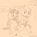  2020 animal_crossing anthro balls beach beaver belly c.j._(animal_crossing) chibi clothing detailed_background duo flick_(animal_crossing) genitals hat headgear headwear hi_res humanoid_genitalia humanoid_hands humanoid_penis lizard male mammal nintendo outside penis reptile rodent scalie seaside slightly_chubby speedo swimwear towel unboxyguy video_games 