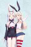  2girls absurdres animal_ears arescr arm_up armpits ass ass_visible_through_thighs azur_lane bare_shoulders bikini_bottom black_jacket black_panties black_skirt blonde_hair blue_skirt bunny_ears crop_top crossover elbow_gloves eyebrows forehead gloves green_eyes hairband highleg highleg_panties highres holding_hands jacket kantai_collection long_hair microskirt midriff multiple_girls namesake off_shoulder open_mouth outstretched_arm panties red_bikini_bottom ribbon sailor_collar shimakaze_(azur_lane) shimakaze_(kantai_collection) shirt silver_hair skirt sleeveless sleeveless_shirt smile striped striped_legwear swimsuit_over_clothes thigh_gap thighhighs thong_panties underwear v white_gloves white_shirt 